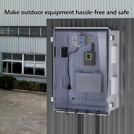 Outdoor Electrical Box with Thermostat and Fan, Ventilated Design, Cable Grommets, Indoor/Outdoor Use with Mounting Panel. (Clear Cover, 15.7"x11.8"x7.1")