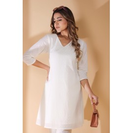 Janasya Indian Women's Co-ord for Women Cotton A-Line Off White Regular Sleeve Casual Knee Length Co-ord Set
