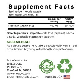 Brieofood Vitamin B2 (Riboflavin) 400mg, 120 Veggie Capsules - Gluten Free, Non-GMO