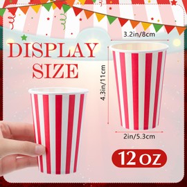 Fullhawl 50 Pcs Red Stripe Disposable Paper Cups for Christmas Carnival Party Disposable Drinking Cups Set Striped Paper Supplies Birthday Circus Decorations for Coffee Tea Juice (12 oz)