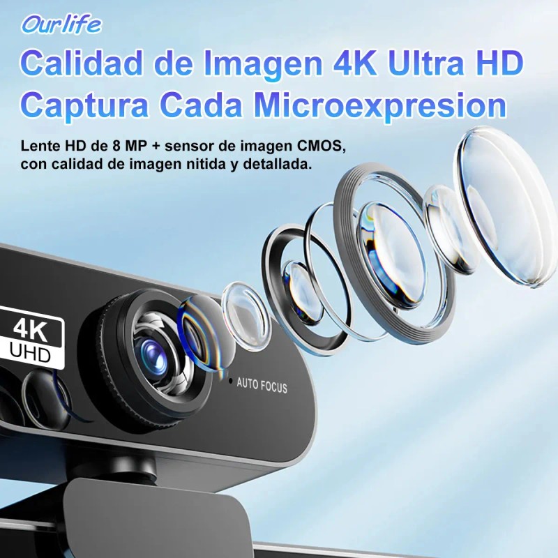 Cámara Web 4K UHD Ourlife con Micrófono y Enfoque Automático