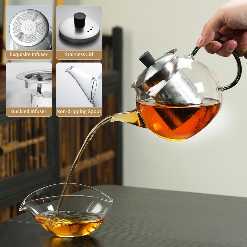 28OZ Glass Teapot with Infuser Stovetop Safe, 800ml Borosilicate Glass