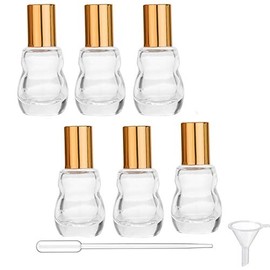 6Pcs 8ml Travel Cosmetic Glass Bottle Steel Ball Essential Oil Bottle Thick Empty Roll-On Essential Oil Pefume Bottle Gourd Shape Massage Roller Bottle Vials Containers, Dropper and Funnel, Gold Cap