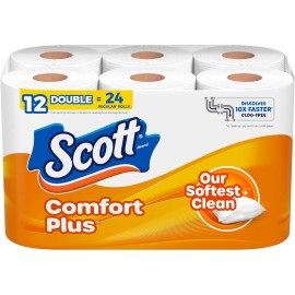 "Brand": "Scott" Scott ComfortPlus Toilet Paper 12 Double Rolls Septic-Safe 1-Ply Tissue