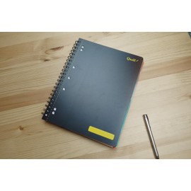 Quill, 5 Subject Notebook A4, 250 Pages, 8mm ruled, 70gsm, 7 Punched Holes, with Red Margin and Perforated Pages, Water Resistent Black Cover