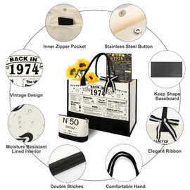 50th Birthday Gifts for Women Canvas Tote Bag Travel Gear, Unique 50 Years Old Gifts for Wife Sister Mom Aunt Friends Her, Vintage N°50 Beach Bag & Cosmetic Bag & Back in 1974 Poster
