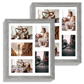Hongkee 11x14 Picture Frame Set of 2, Grey Wood Frame with Tempered Glass Collage Picture Frames, Display Pictures Five 4x6 With Mat or 11 x 14 Without Mat, Photo Frames Wall Gallery