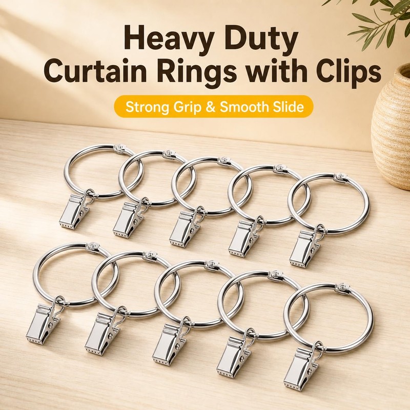 Kaaeiccr 45mm Curtain Rings With Clips, 20 Pack Metal Drapery