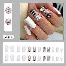 White Press on Nails Medium Fake Nails Square Glue on Nails Matte False Nails with Stripe Designs Reusable Artificial Nails Glitter Acrylic Nails Full Cover Stick on Nails for Women and Girls 24PCS