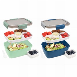 Bugucat Bento Box 2000ML 2 Set, Lunch Box with 3-Compartment Tray, Salad Bowl with Dressing Container, Meal Prep Container with Built-in Spoon,Blue Dark Green