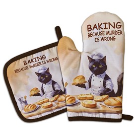 GOSJINNK Funny Baking Cat Oven Mitts and Pot Holders（Set of 2） Baking Because Murder is Wrong Baker Mitts for Kitchen Decor Silicone Non-Slip Oven Mitts Cat Lover Gift Birthday Gift for Friend Chef