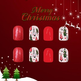 Christmas Red Press on Nails Xmas Tree Fake Nails Glitter Press on Nails Glossy False Nails Full Cover Stick on Nails Winter Press on Nails Short Square Acrylic Nails for Women Christmas Nail Art