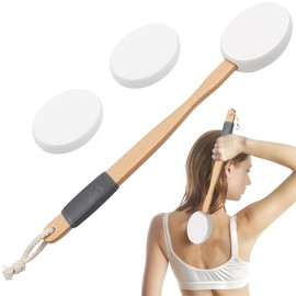 Lotion Applicator for Back 17'' Long Handled Back Cream Applicator with 2 Replacement Pads, Back Applicator for Cream Moisturiser, Long Wooden Handle Back Lotion Applicator for Skincare(White)