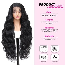X-TRESS Body Wave Lace Front Wig, HD Glueless Lace Front Wig Pre-plucked Hairline, Long Body Wave Wig 32 Inches, Natural Black Long Wig for Balck White Women