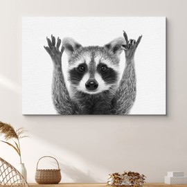 SIGNFORD Canvas Print Wall Art Raccoon Closeup Portrait Animals Wildlife Photography Realism Decorative Elements Relax/Calm Grey Cool Black and White for Living Room, Bedroom, Office - 12"x18"