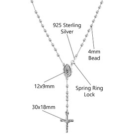 Savlano 925 Sterling Silver Italian Solid Bead Chain Cross & Rosary Virgin Mary Pendant Y Necklace Comes With Gift Box for Women - Made in Italy (20, 4mm)