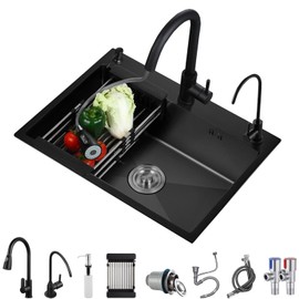 LIJIJUCN Black Stainless Steel Kitchen Sink, Single Bowl Kitchen Sink, Drop In/Topmount Workstation Sink with Sliding Accessories, Farmhouse Workstation Sink with Multiple Accessories (31.5 x 17.7in)