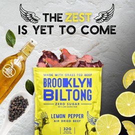 Brooklyn Biltong Air Dried Grass Fed Beef Snack, South African Beef Jerky (2 oz, Pack of 2) - Whole30 Approved, Paleo, Keto, Gluten Free, Sugar Free, Made in USA - (Lemon Pepper)