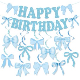 Blue Bow Birthday Party Decorations, Glitter Bow Birthday Banner Bow Party Hanging Swirls Decoration Set for Girls Bow Birthday Decorations, Bow Party Decor, Bridal Shower Party Supplies
