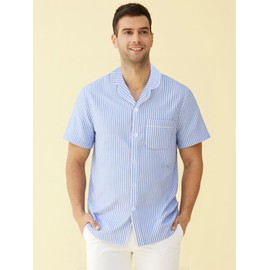 Latuza Men's Cotton Seersucker Pajama Shirt Lightweight Button Down Sleep Shirt, Blue Stripe, Large