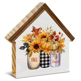 Fall Decorations Indoor, Pumpkins Leaves House Shaped Wood Block Sign, Rustic Fall Decor for Home Farmhouse, Autumn Decor for Desk Table Shelf