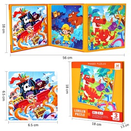 BBLIKE Magnetic Puzzles for 3 4 5 6 Year Olds, 3-in-1 Jigsaw Puzzles, 61 Piece Dinosaur Jigsaw Puzzles Book for Toddlers, Travel Games and Travel Toys for 3 4 5 6 Year olds Boys and Girls