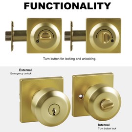 Bamberg 700SQ Ball Door Lock for Entrance, Door Lever, Bedroom Bathroom Door Handle, Left or Right Door Interior Door Lock with Key (Privacy, Gold, 3-Pack)