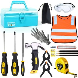 QeeHeng Kids Real 20Pcs Construction Tool Set with Blue Toolbox and Protective Clothing, Beginner Woodworking Tool Set, Educational Gift