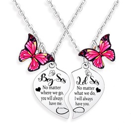 SSWPQOS 2PCs Big Sister Little Sister Heart Matching Necklace Set - Silvery Stainless Steel Butterfly Charm - Female - 24 Inches