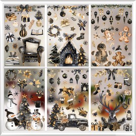 Kreatwow Black Gold Christmas Window Decorations 6pcs Christmas Window Clings Snowmen Ginger Bread Christmas Tree Stickers Xmas Deer Stickers for Xmas Winter Holiday Party Baby Shower Bridal Shower