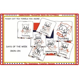 THE SEWING BEE 2 KITTEN - CATS embroidery Transfer days of week pattern IRON-ON TEA TOWELS 206