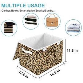CaTaKu Large Fabric Storage Bins With Lids, Brown Leopard Print Storage Boxes With Handles for Organizing Clothes, Collapsible Storage Cube Bins Baskets for Shelves