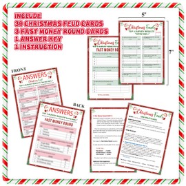 Tuyashua Christmas Friendly Feud Game, Family Game Night, Christmas Trivia, Family Friendly Quiz, Christmas Party Game for Family Activity - 30 Christmas Feud Cards and 3 Fast Money Round Cards (02)