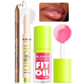 Wugbc Lip Combo Set-Brown Lip Liner Pink Lip Gloss Clear Shimmer Fat Oil Slick Click, Ultra-Hydrating Lightweight Tinted Lip Oil for Women, Moisturizing Pigmented Lip Balm Non Sticky Lipstick Makeup