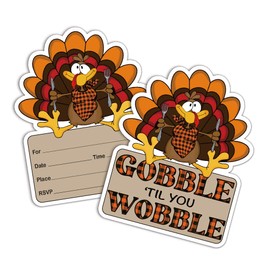 REWIDPARTY Turkey Shaped Fill-in Invitations with Envelopes（Set of 15）Food Feast Invites for Family Friend Thanksgiving Party Invitation Cards Gobble Til You Wobble Fill-in Invitation for Kids Adults