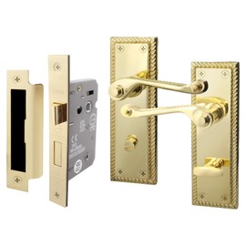 EAI Polished Brass Georgian Scroll Bathroom Door Handle Set - 1 Pair of Internal Lever Handles & Lock (64mm) - Rope Design