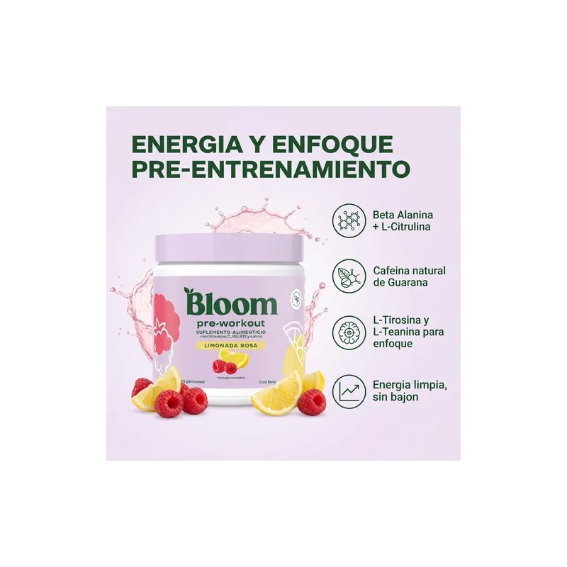 Bloom Pre Workout Alta Energía De Limonada Rosa Tarro 25porc