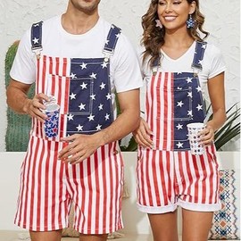 Odefou 4th of July Women American Flag Overalls Stretch Denim Coveralls Shorts Couples Outfits, Gifts for Mom - Colour: American Flag, Size: L, Fit Type: Women