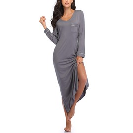 COLORFULLEAF Nightgowns for Women Long Sleeve Soft Nightshirts V Neck Full Length Sleepwear Casual Loungewear(Grey, S)