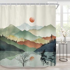 Riyidecor Boho Abstract Mountain Shower Curtain for Bathroom Decor 72Wx72H Bohemian Forest Sunset Colorful Modern Natural Watercolor Art Printed Fabric Polyester Waterproof 12 Pack Plastic Hooks