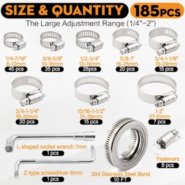 185PCS Stainless Steel Hose Clamp Assortment Kit + 10FT Metal Strap, 1/4"-2"(6-51mm) 304 Worm Gear Heavy Duty Clamps, Radiator Clamps for Automotive Fuel Line Plumbing, with 2 Tools & 8 Fasteners