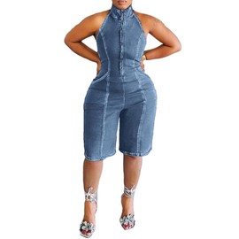 xxxiticat Women's Denim Jumpsuit Sleeveless Front Zipper Up Open Front Halter Neck Open Back One Piece Romper Overalls(LB,3XL)