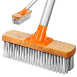 Stainless Steel Deck Scrub Brush with Long Handle, Heavy Duty Floor Scrubber Brush for Outdoor Moss Removal, Concrete Scrub Brush for Patio Garden Garage