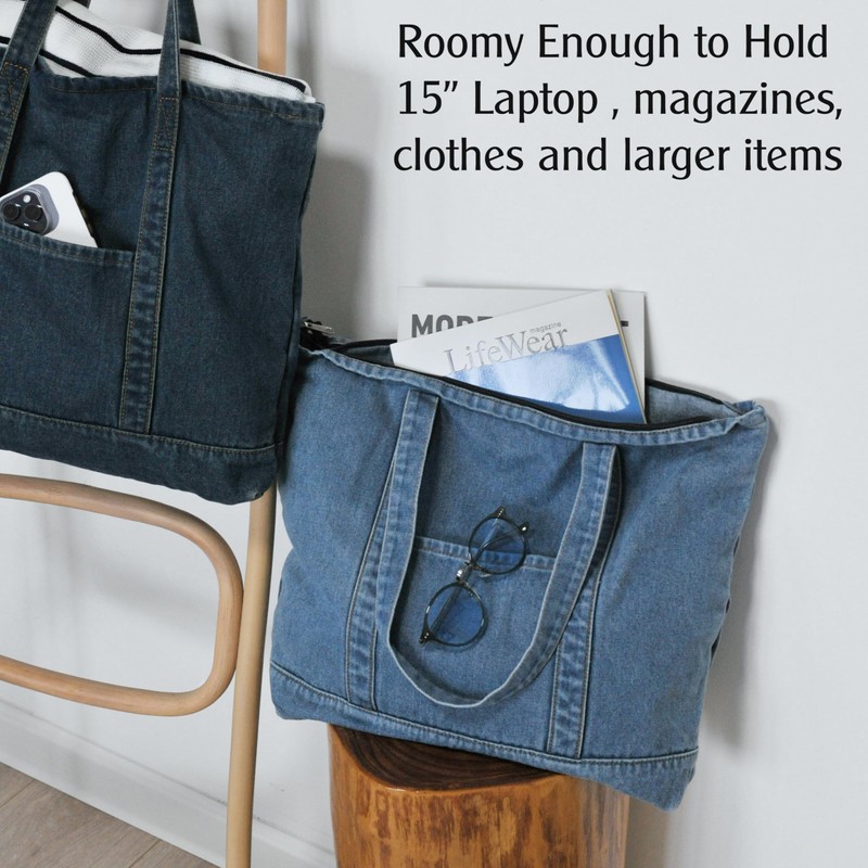 Hoxis Light Weight Soft Denim Tote Unisex Shopper Shoulder Handbag,