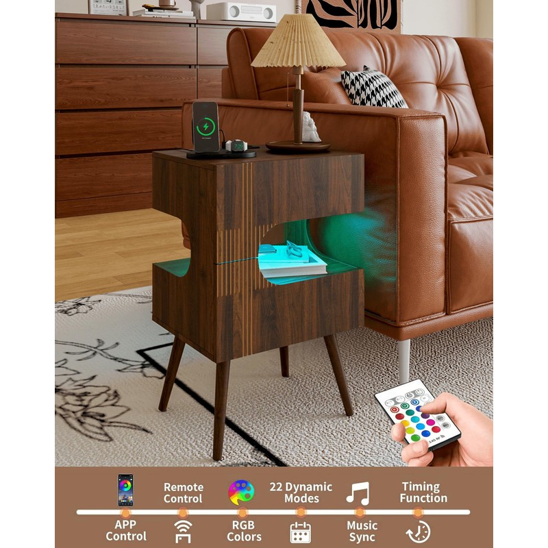 JOONEE Nightstand with Charging Station and LED Lights,Modern Bedside Table
