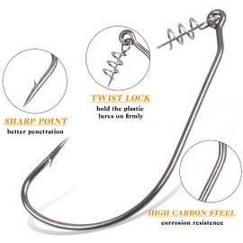 Twistlock Fishing Hooks with Centre Pin Bass Worm Fishing Hooks Unweighted Swimbait Hooks Kit for Soft Plastic Bait Bait 5 Sizes Pack of 50