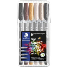 STAEDTLER Pigment Arts 371 Pigment Brush Pens, Fibre Tip Pen for Adults, Medium Firm Nylon Brush Tip (Sepia Wallet of 6)