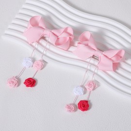 3.5" Flower Hair Bows for Girls with Long Floral Tassels,2pc Light Pink Grosgrain Ribbon Alligator Clips Hair Barrettes for Toddlers,Kids,Teens School Valentines Birthday Party Gift