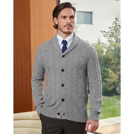KALLSPIN Men's Thick Wool Blend Cable Knit Shawl Collar Cardigan Sweater Regular Fit Button Down Knitwear(Light Grey,X-Large)