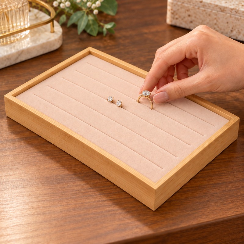 Bamboo Wood Velvet Ring & Stud Earring Display Tray –